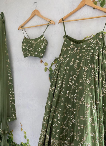 Sequence Zari Work Georgette Green Party Wear Lehenga Choli